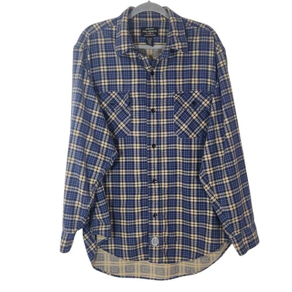 Polo Ralph Lauren 100% Cotton Blue and Cream Flannel Button Down Short Size XL - Picture 1 of 8